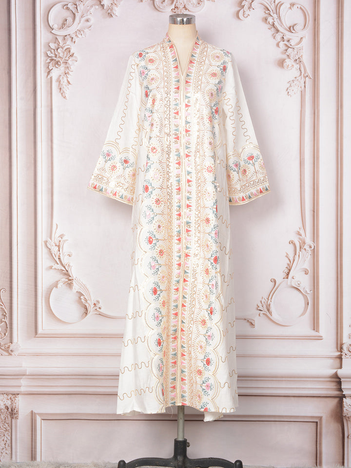 Floral Embroidered Sequin-Trimmed Abaya Maxi Dress