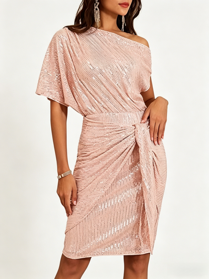 Sequin One-Shoulder Wrap Midi Dress
