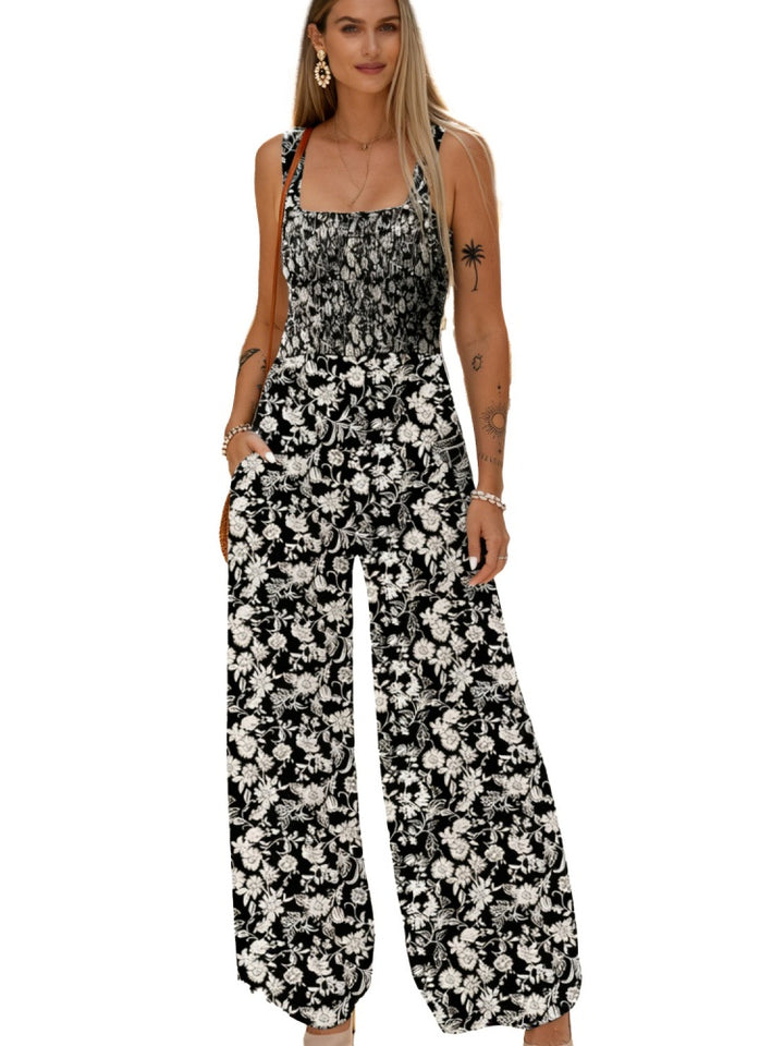 Smocked Square Neck Wide Leg Floral Jumpsuit