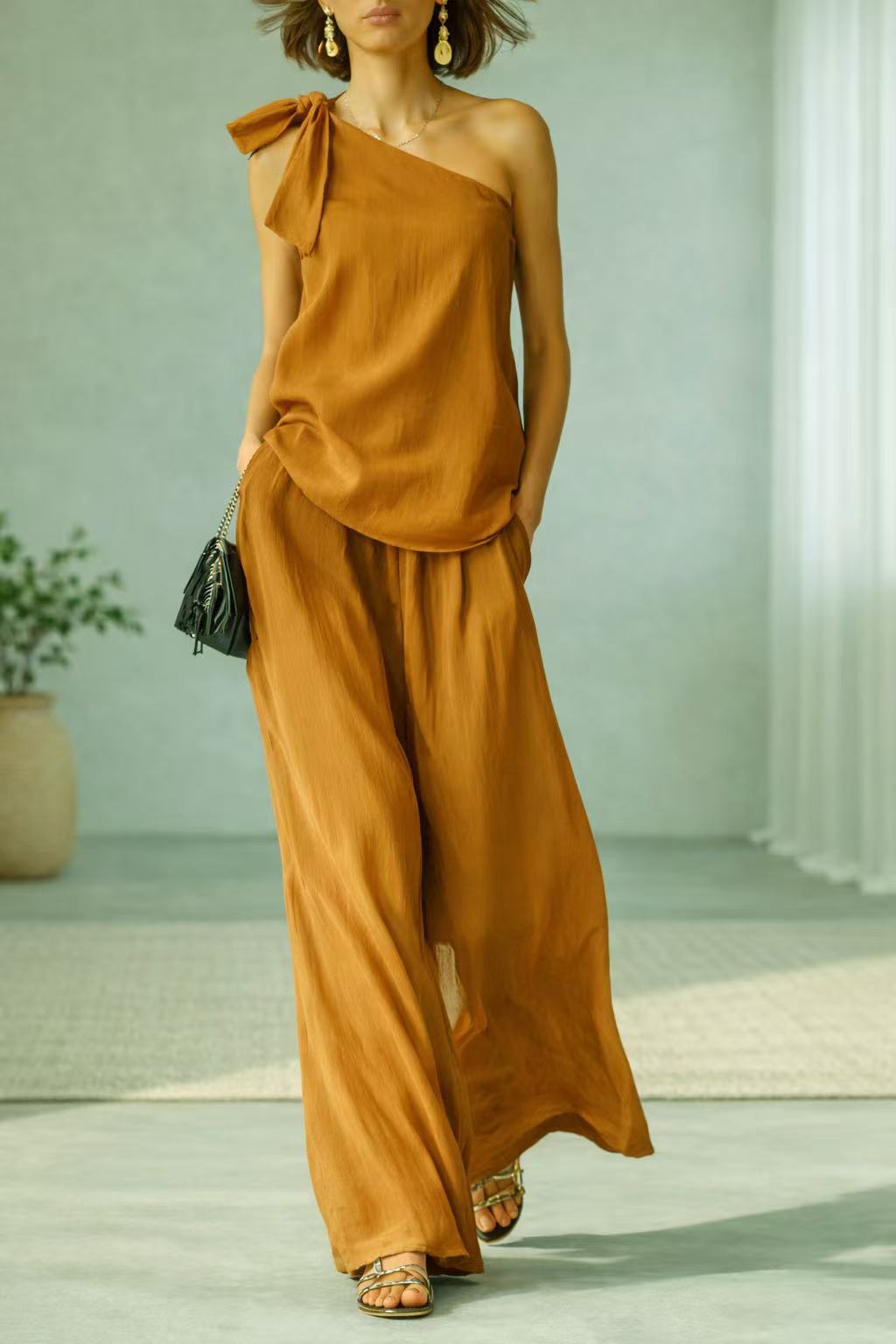 Sleeveless one-shoulder top with tie and wide-leg women&