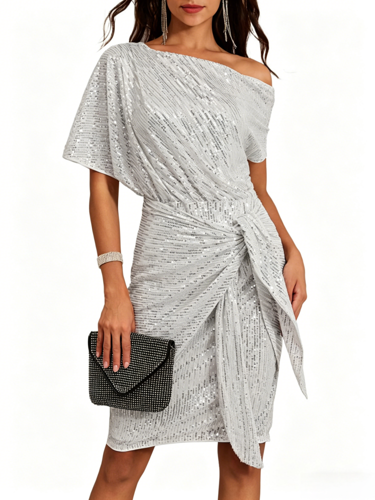 Sequin One-Shoulder Wrap Midi Dress