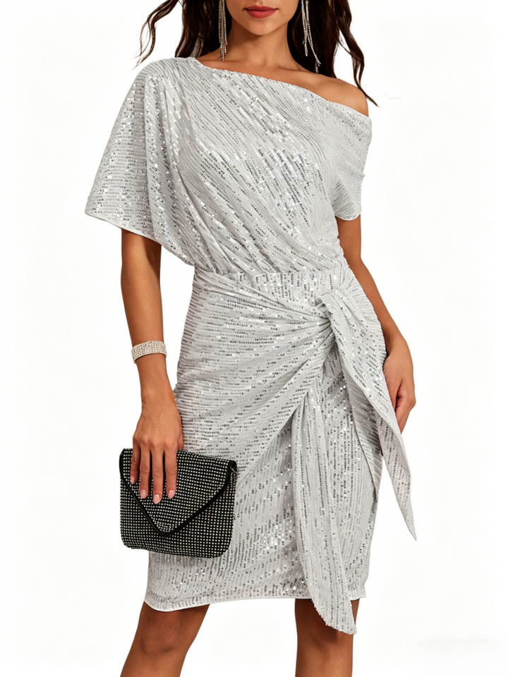 Sequin One-Shoulder Wrap Midi Dress