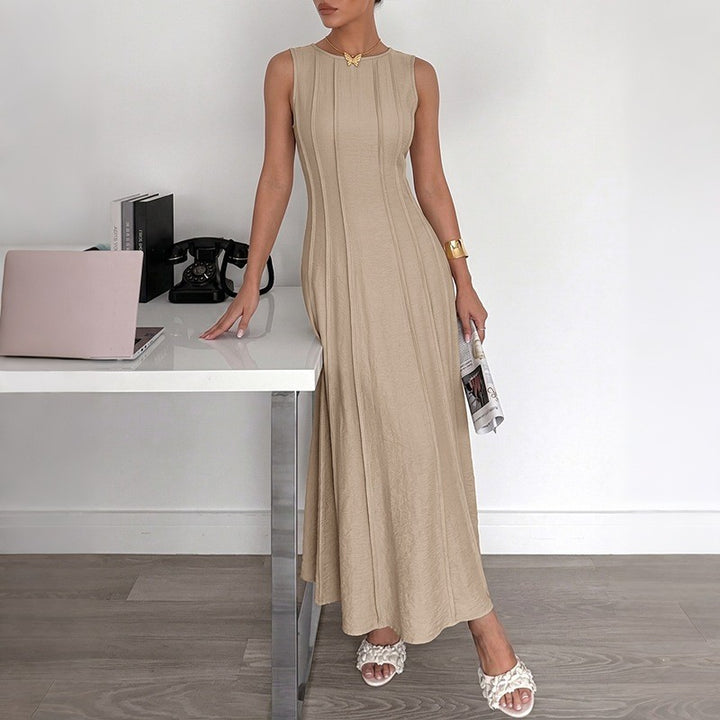 Solid color sleeveless fitted waist striped drape dress