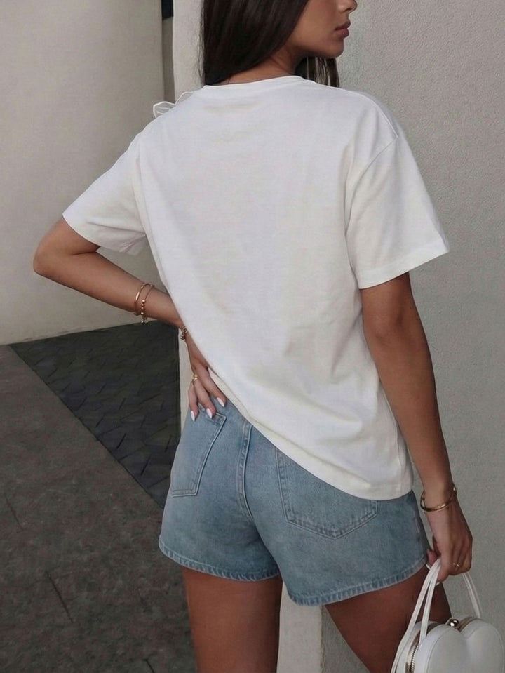 3D floral drawstring short-sleeved knit sweater