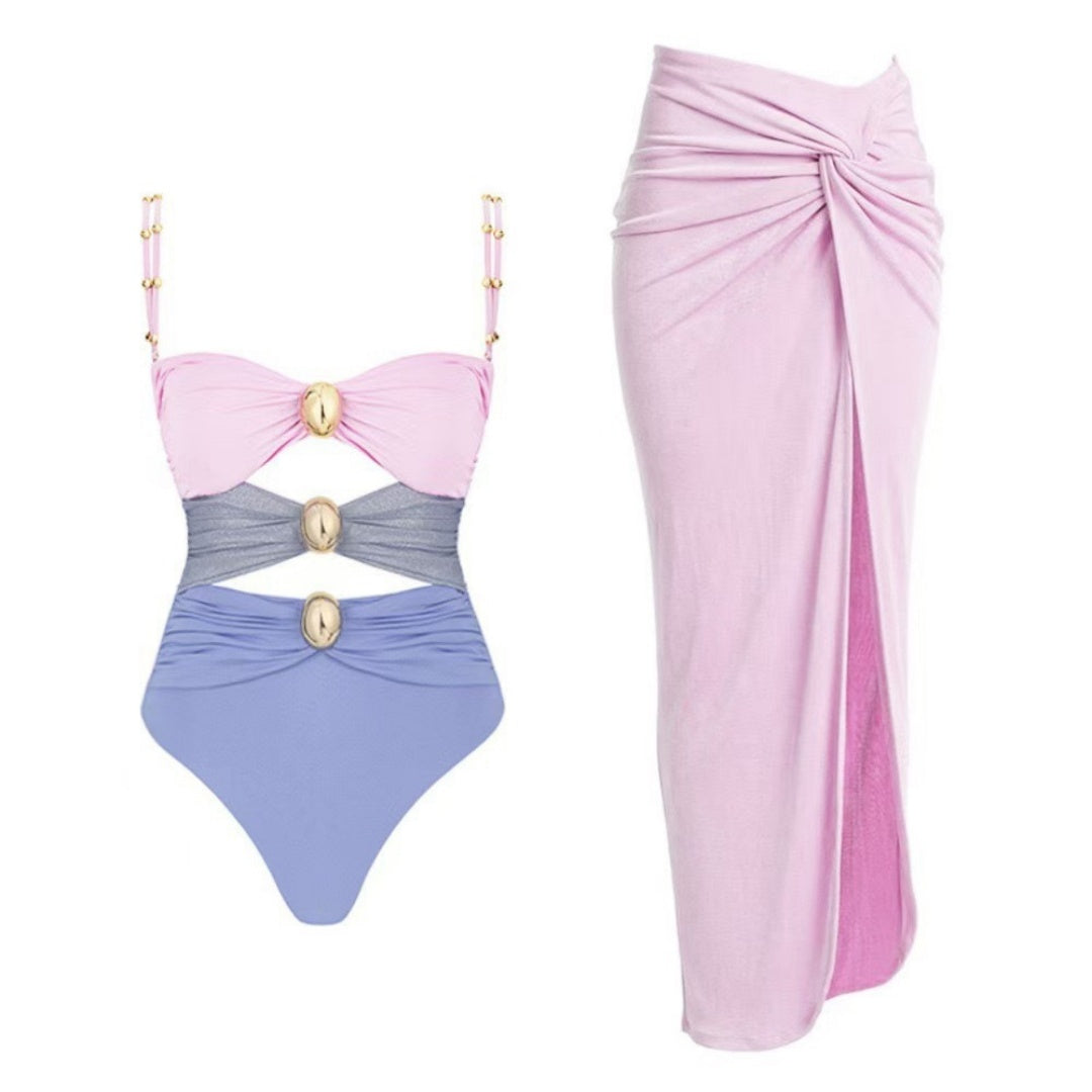 Beaded Strap Cutout Twist Front Swimsuit &amp; Wrap Skirt Set