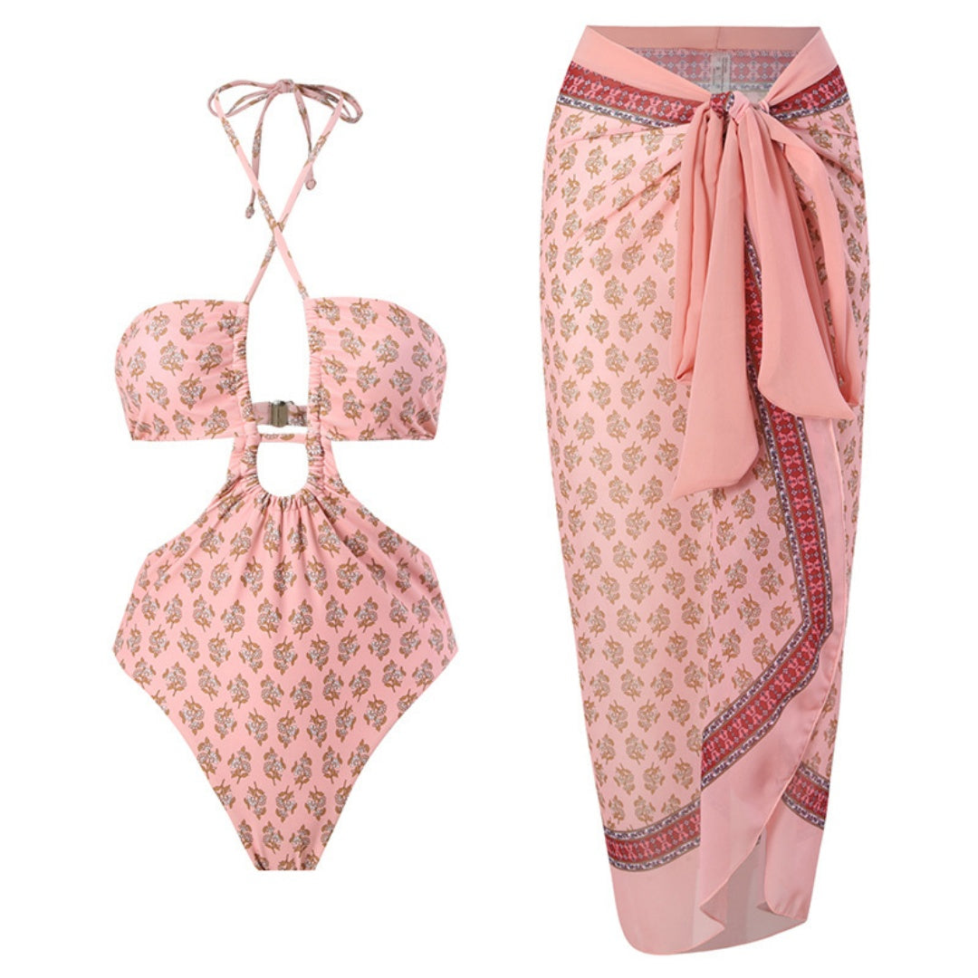 Printed Halter Cutout One Piece Swimsuit &amp; Wrap Skirt Set