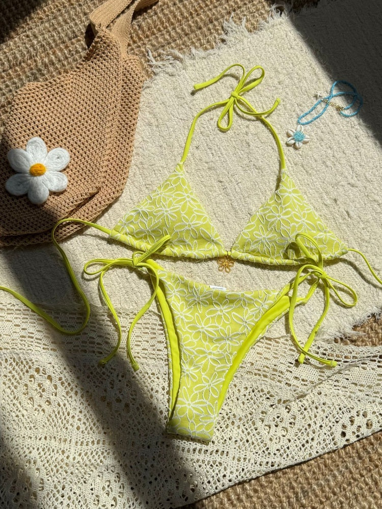 Floral Embroidery Triangle Bikini Set