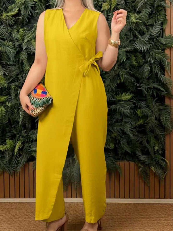 Plus Size Linen Blend Wrap Jumpsuit