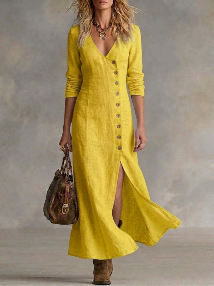 Linen-Blend Maxi Dress | V-Neck Long Sleeve Side Slit Button-Front Dress