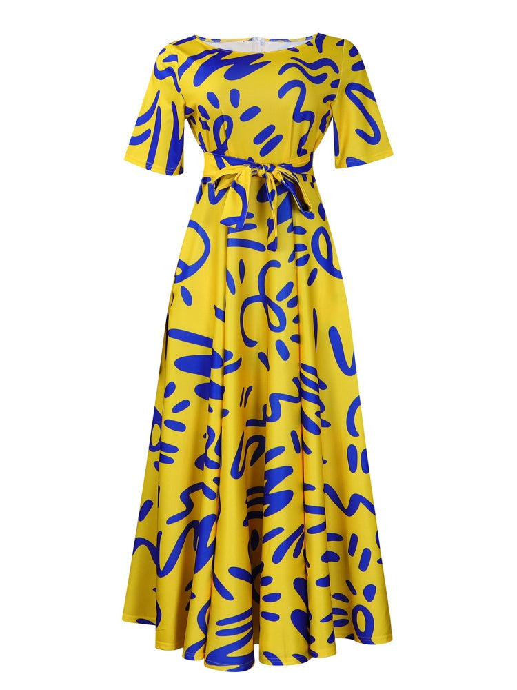 Graffiti Print Belted A-Line Maxi Dress