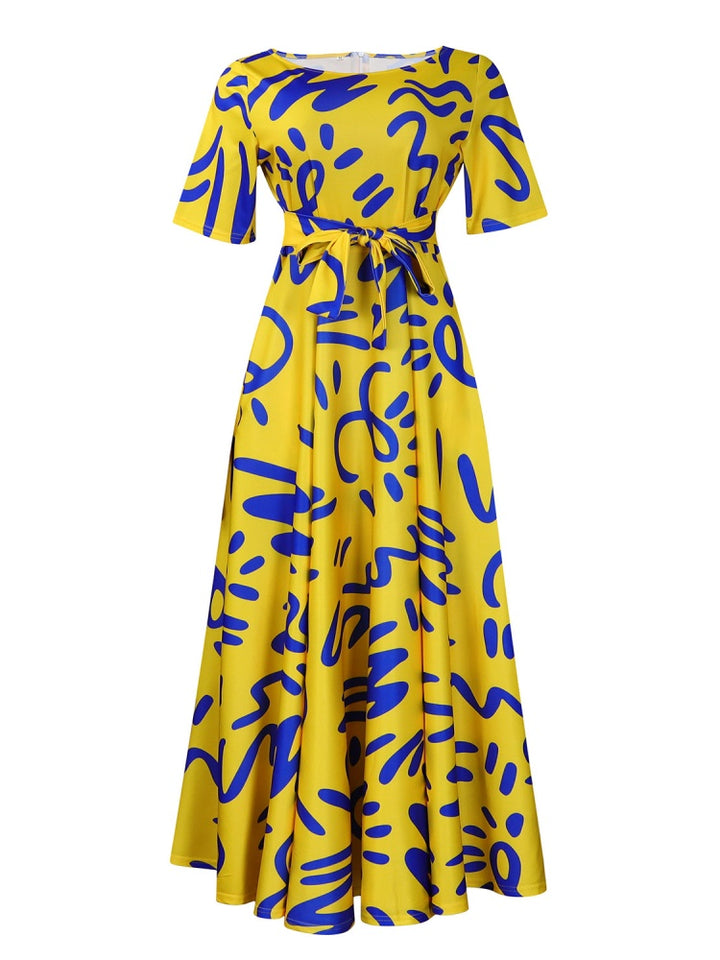 Graffiti Print Belted A-Line Maxi Dress
