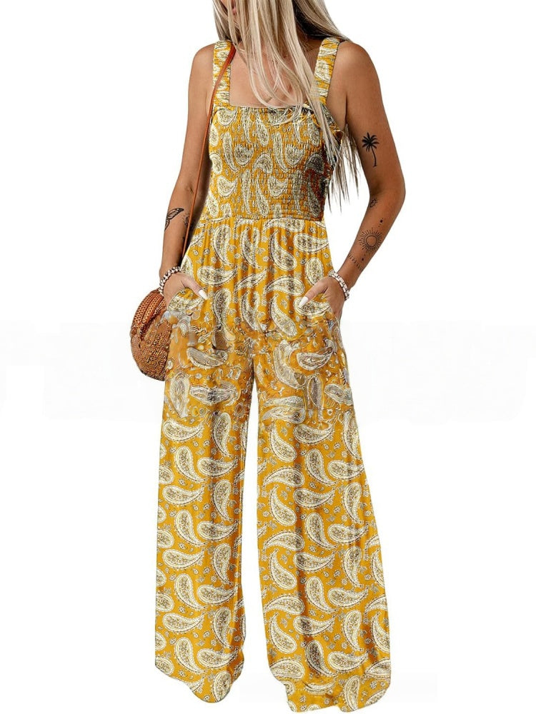 Smocked Square Neck Wide Leg Floral Jumpsuit