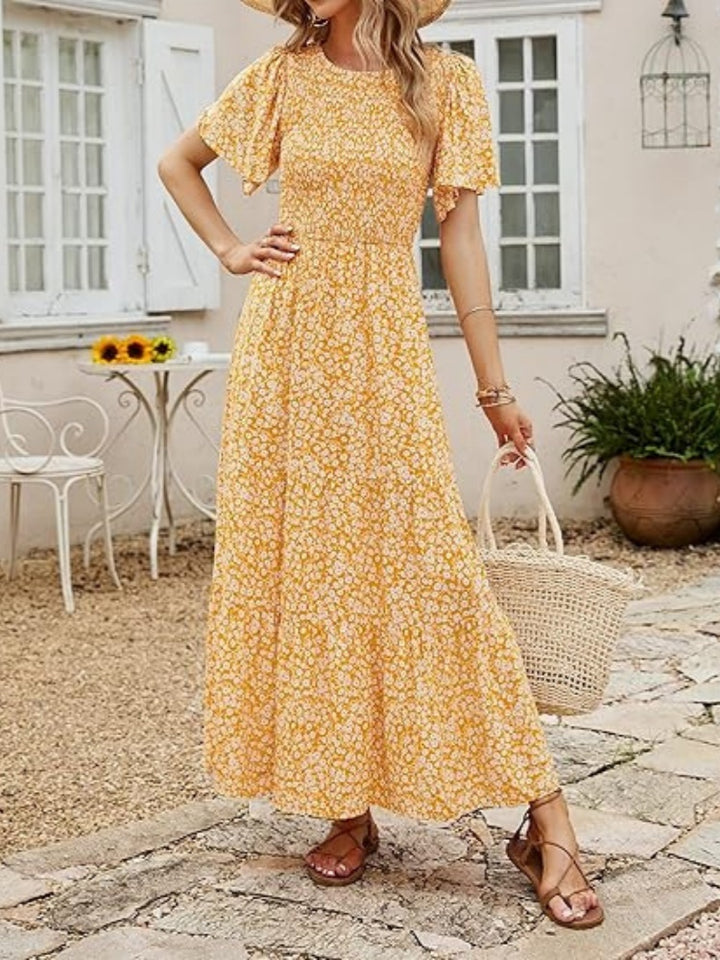 Floral Print Flutter Sleeve Tiered Maxi Dress