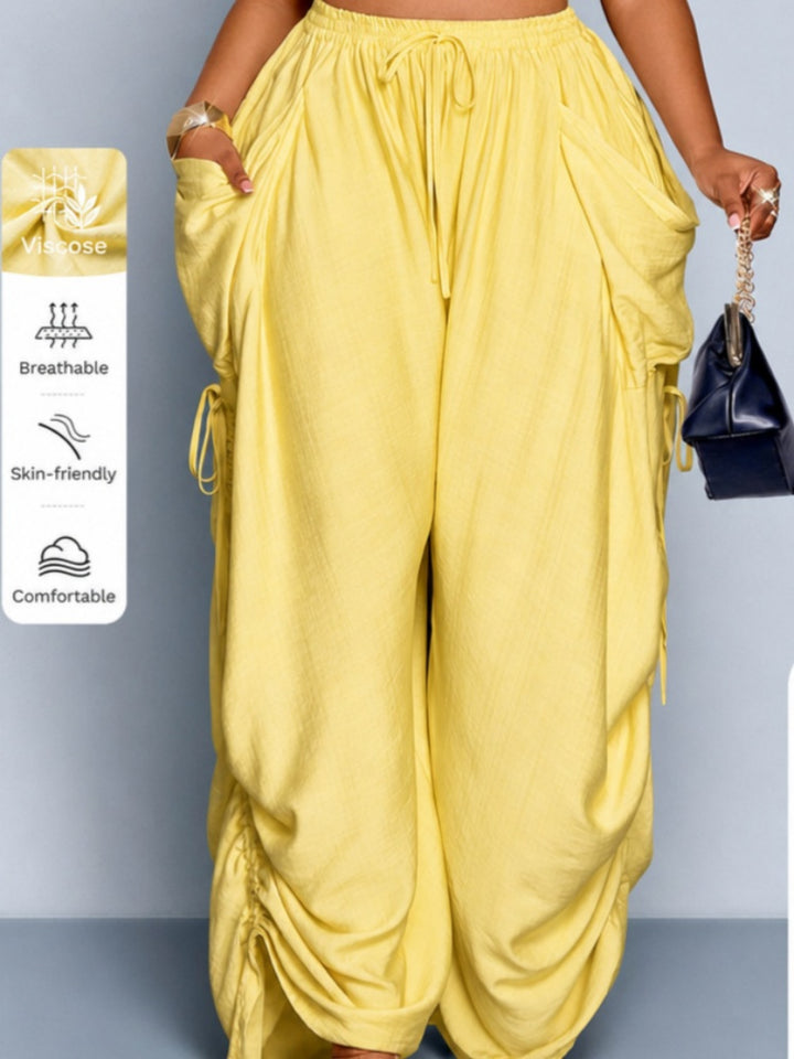 Plus Size Drawstring Ruched Wide Leg Cargo Pants with Pockets