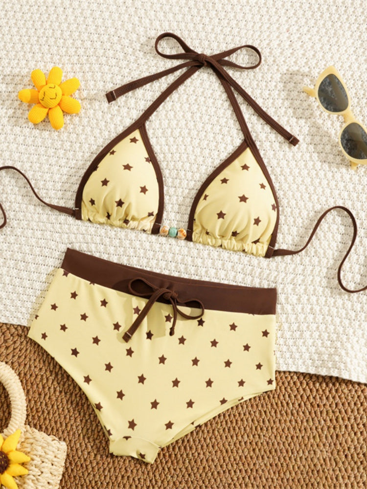 Star Print Bikini Set – High-Waisted Shorts Swimwear