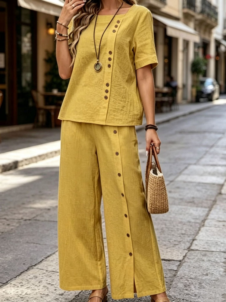 Cotton Linen Two-Piece Set - Button Detail Short Sleeve Top &amp; Wide Leg Pants