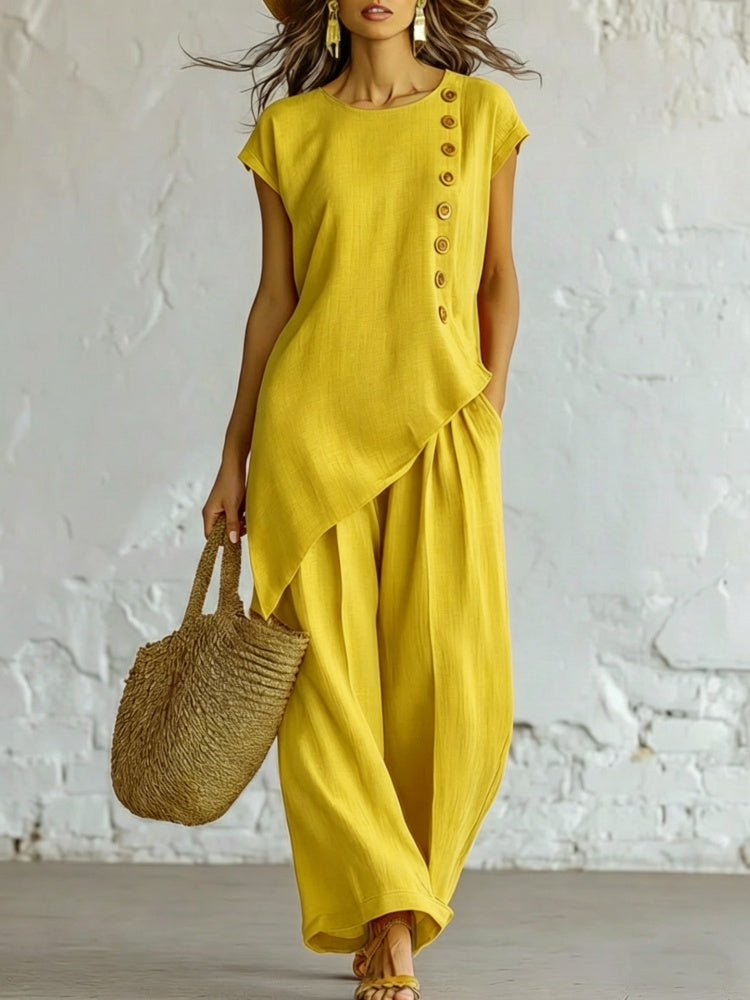 Asymmetrical Button Side Top &amp; Wide Leg Pants 2 Piece Linen Look Outfit Set