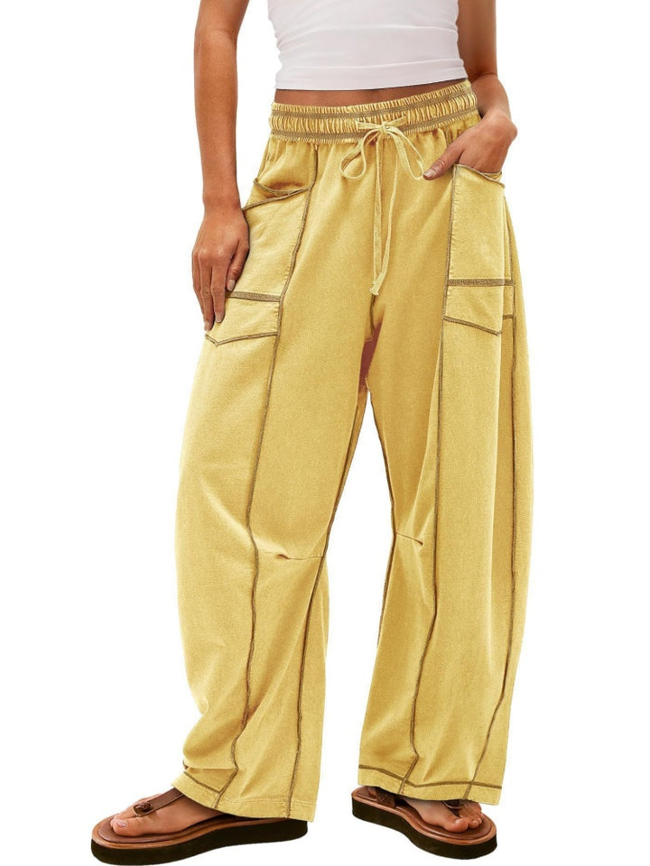 Elastic Waist Contrast Stitch Wide Leg Pants