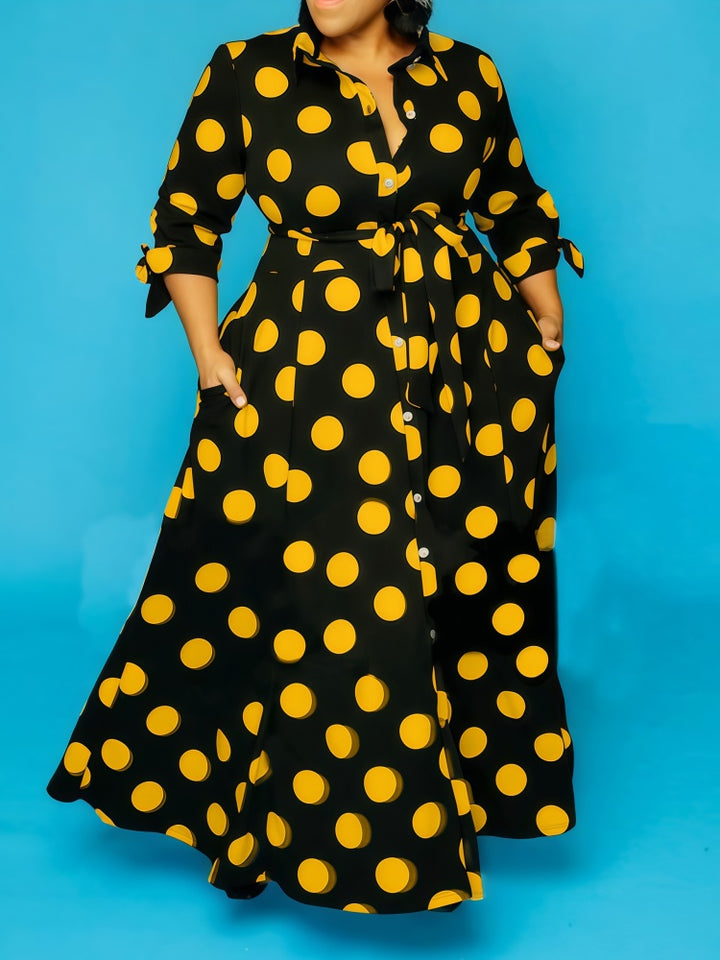 Polka Dot Tie Cuff Shirt Maxi Dress with Pockets