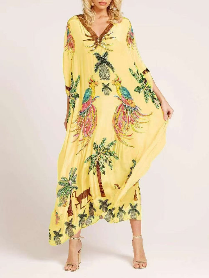 Sequin Tropical Print Kaftan Maxi Dress