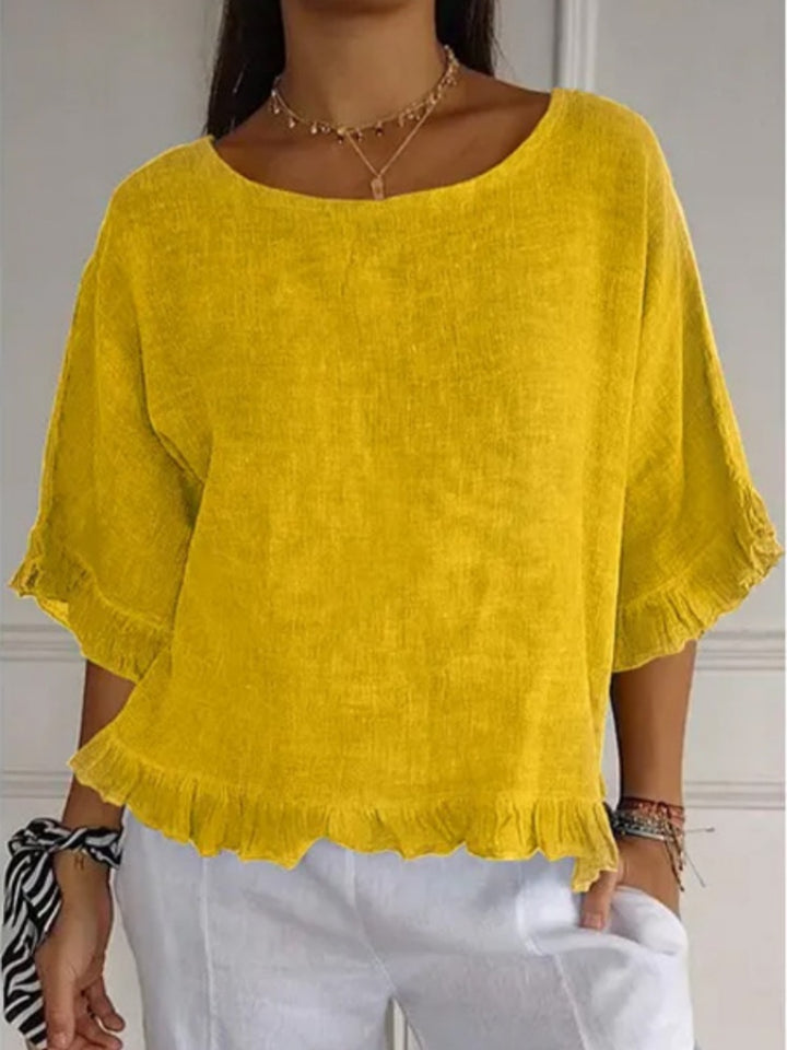 Crew Neck Ruffle Trim Short Sleeve Casual Cotton Blouse
