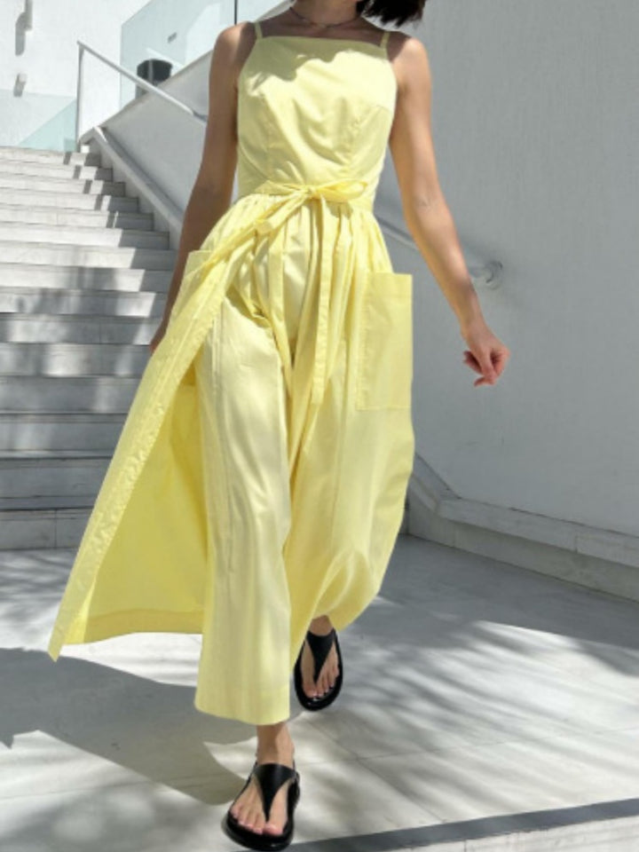 Square Neck Tie Waist Wide Leg Jumpsuit