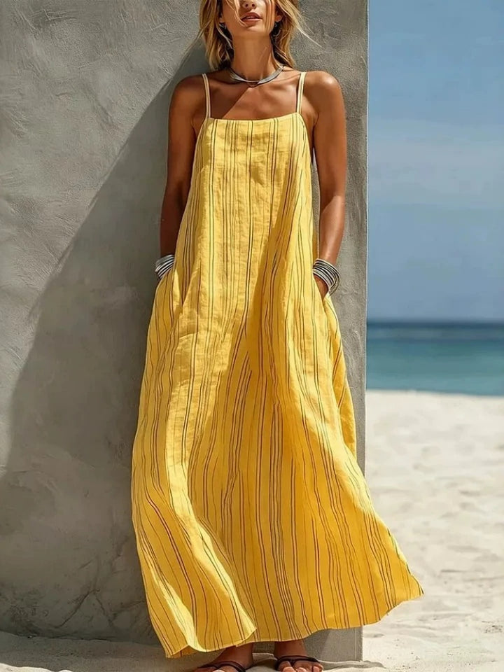 Vertical Striped Linen Blend Spaghetti Strap Maxi Dress