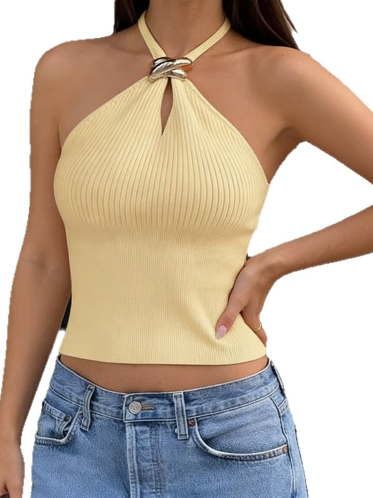 Metallic Buckle Halter Ribbed Knit Crop Top