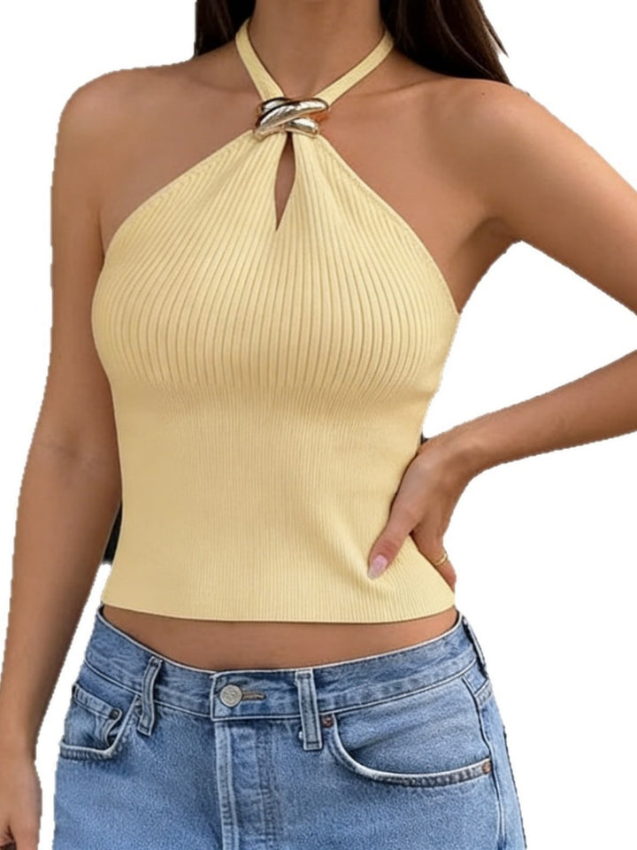 Metallic Buckle Halter Ribbed Knit Crop Top