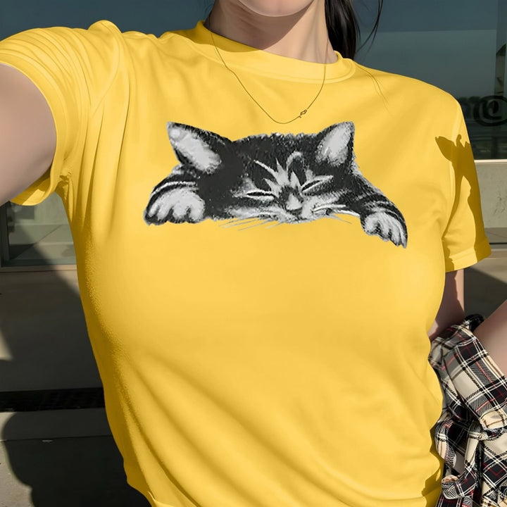 3D Cat Print Cotton Crew Neck T-Shirt - Casual Short Sleeve Tee