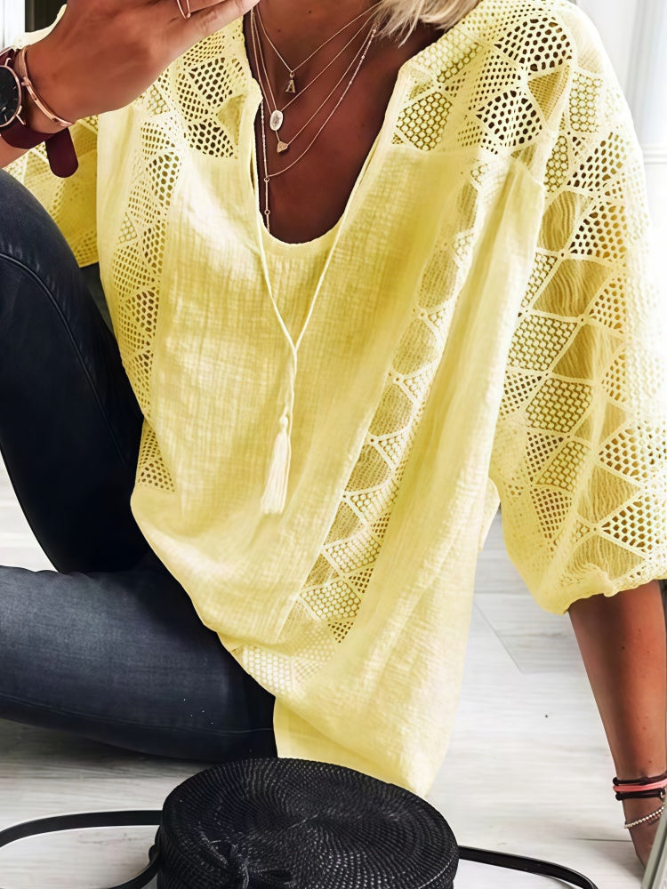 U-Neck Tassel Tie Hollow Lace Patch Blouse