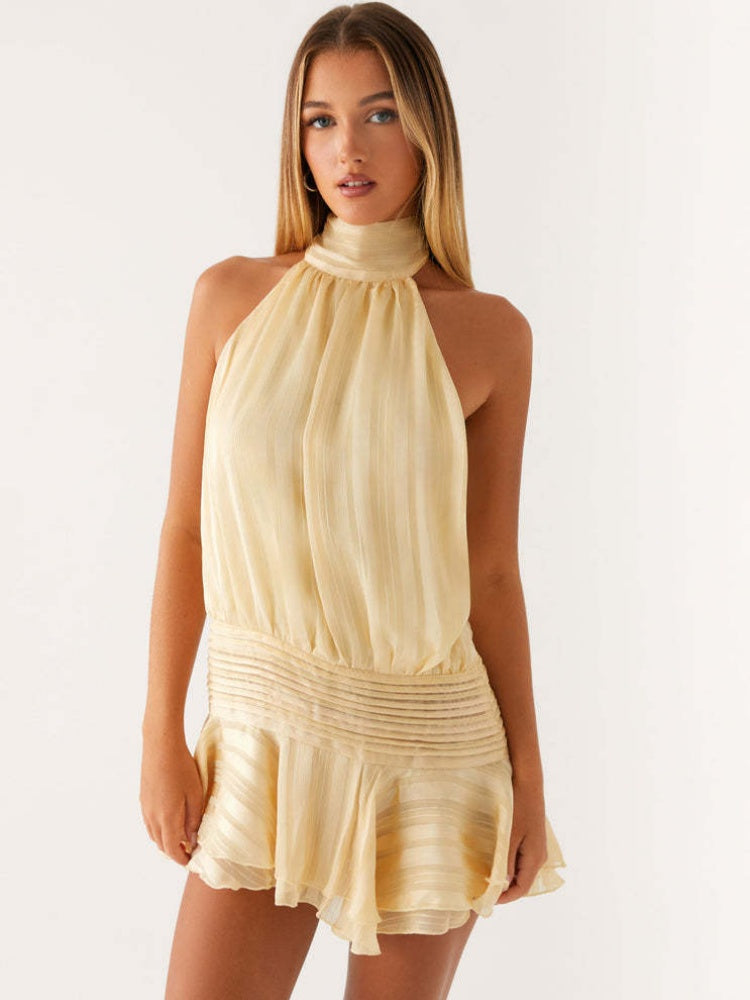 Pleated Halter Neck Ruffle Mini Dress