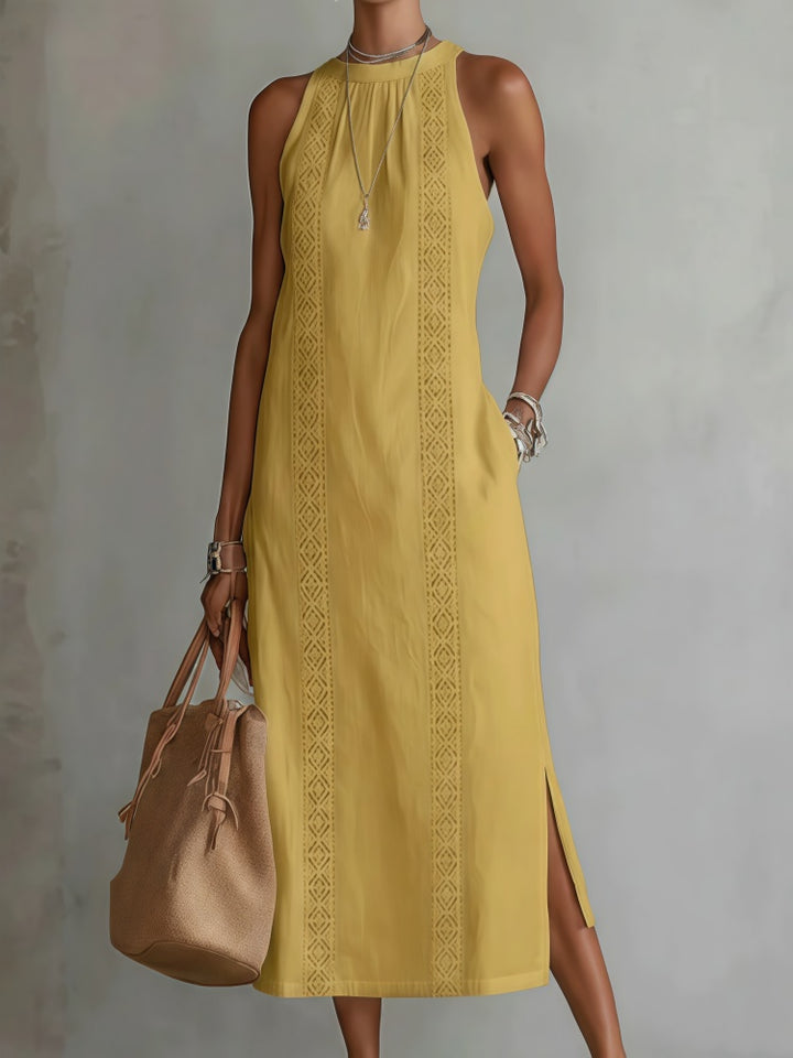 Lace-Trimmed Linen-Blend Halter Neck Midi Dress