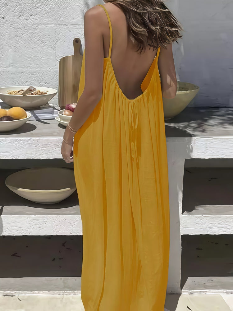 Spaghetti Strap Open Back Pleated Maxi Dress