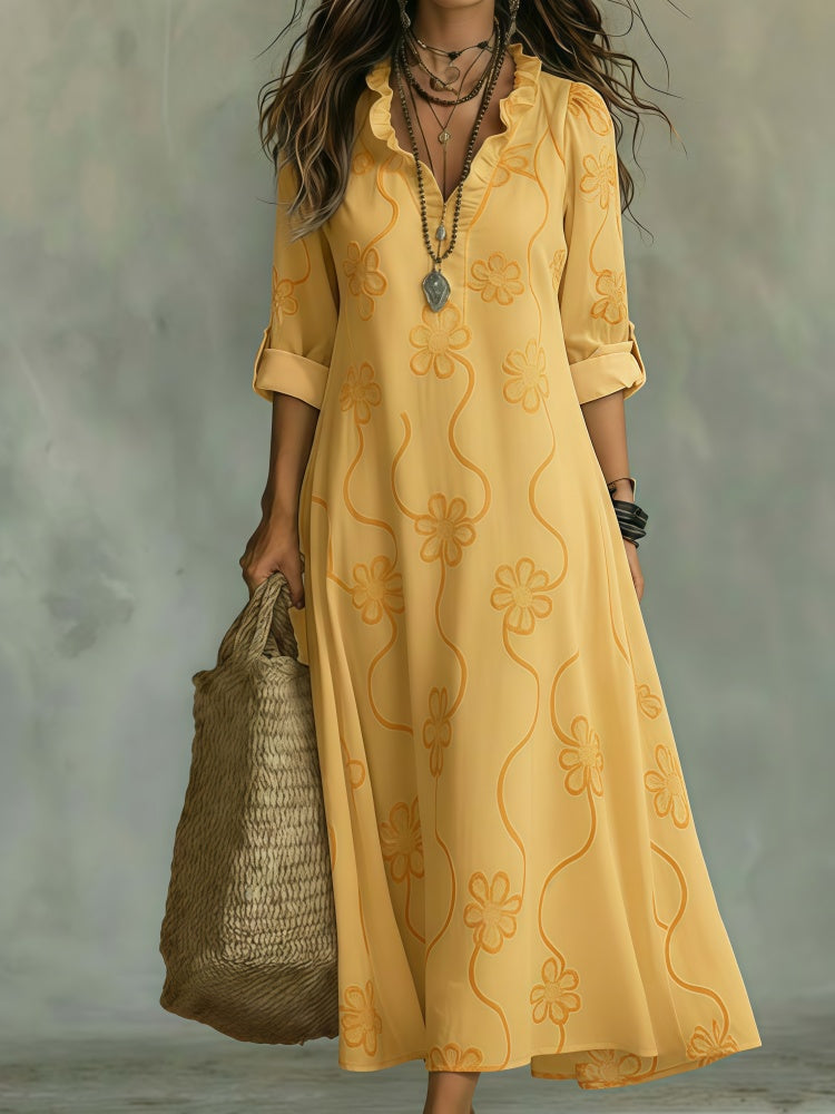 Ruffle V-Neck Floral Print Maxi Dress