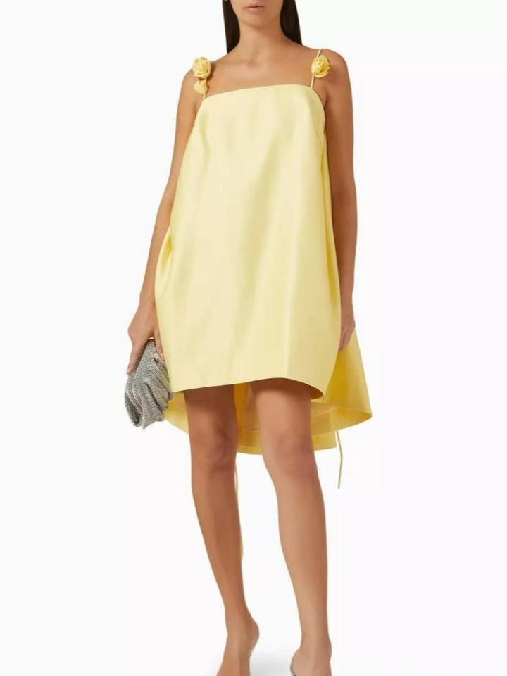 Yellow 3D Flower Appliqué Spaghetti Strap Mini Dress