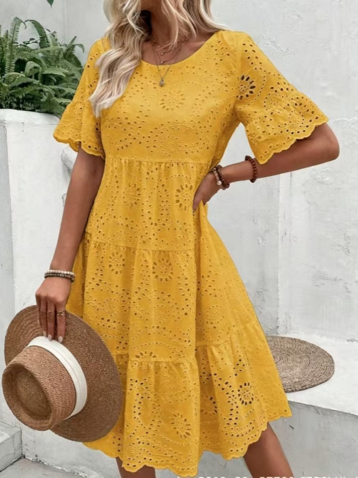 Eyelet Embroidery Flare Sleeve Tiered Midi Dress