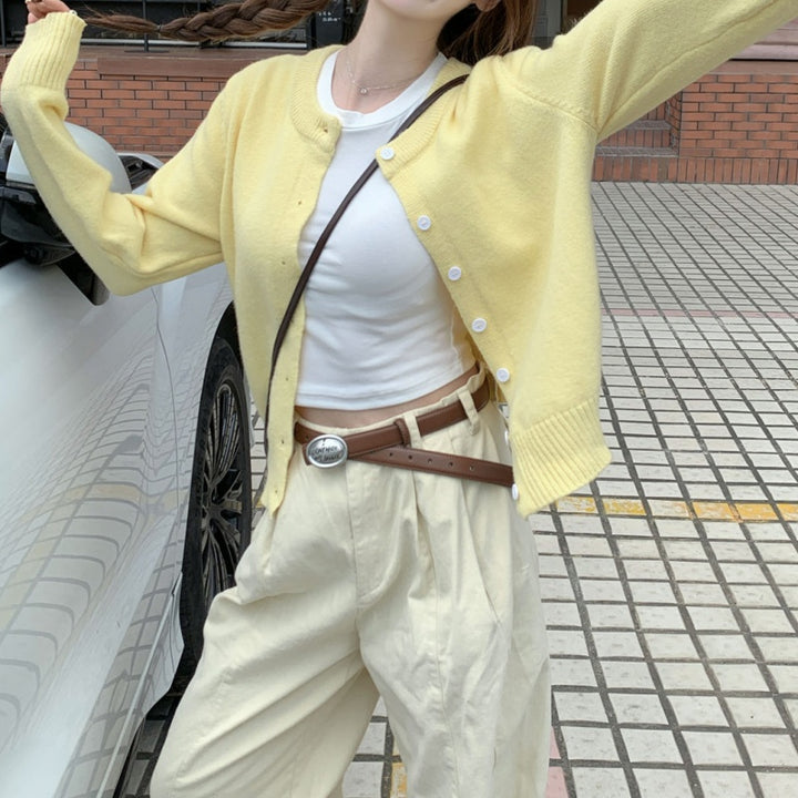 Solid Color Crew Neck Knit Cardigan