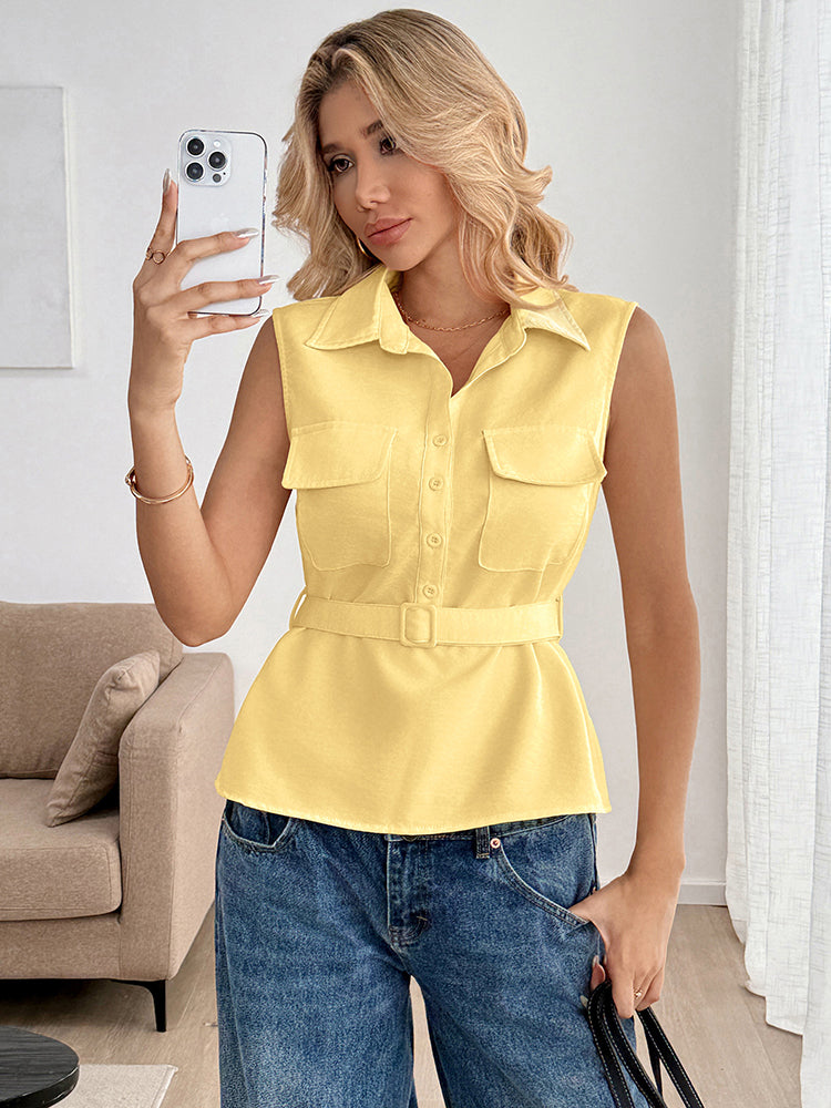 Casual Minimalist Waist-Cinching Yellow Sleeveless Shirt