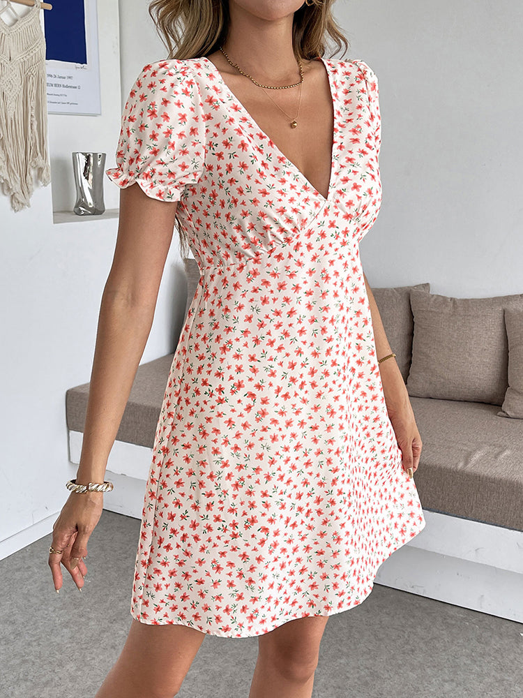 Sweet Vacation Puff Sleeve Floral Deep V Mini Dress
