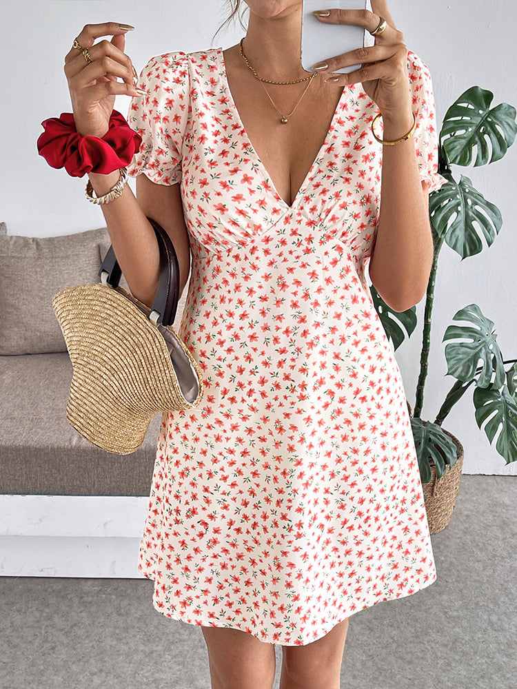 Sweet Vacation Puff Sleeve Floral Deep V Mini Dress