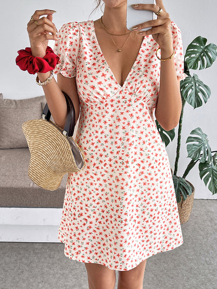 Sweet Vacation Puff Sleeve Floral Deep V Mini Dress