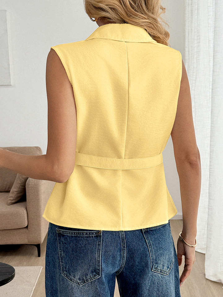 Casual Minimalist Waist-Cinching Yellow Sleeveless Shirt