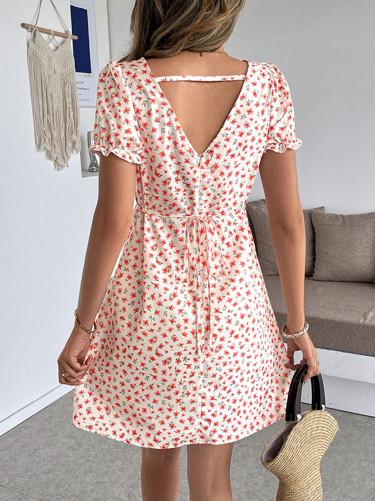 Sweet Vacation Puff Sleeve Floral Deep V Mini Dress