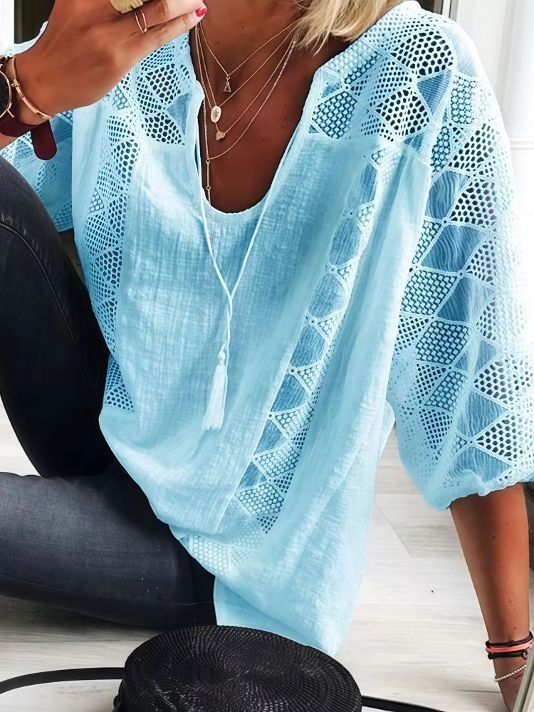 U-Neck Tassel Tie Hollow Lace Patch Blouse