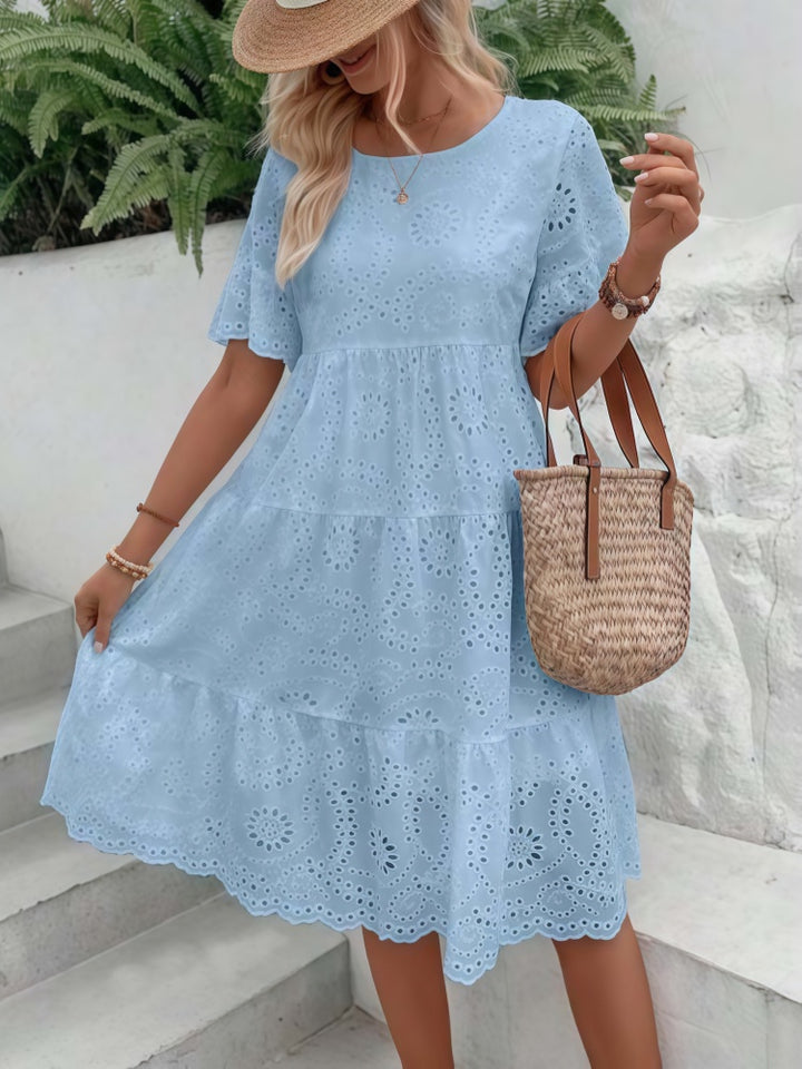 Eyelet Embroidery Flare Sleeve Tiered Midi Dress