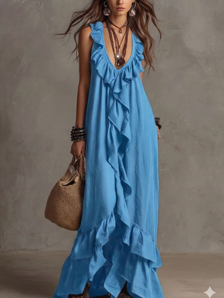 Boho Ruffled V-Neck Maxi Dress