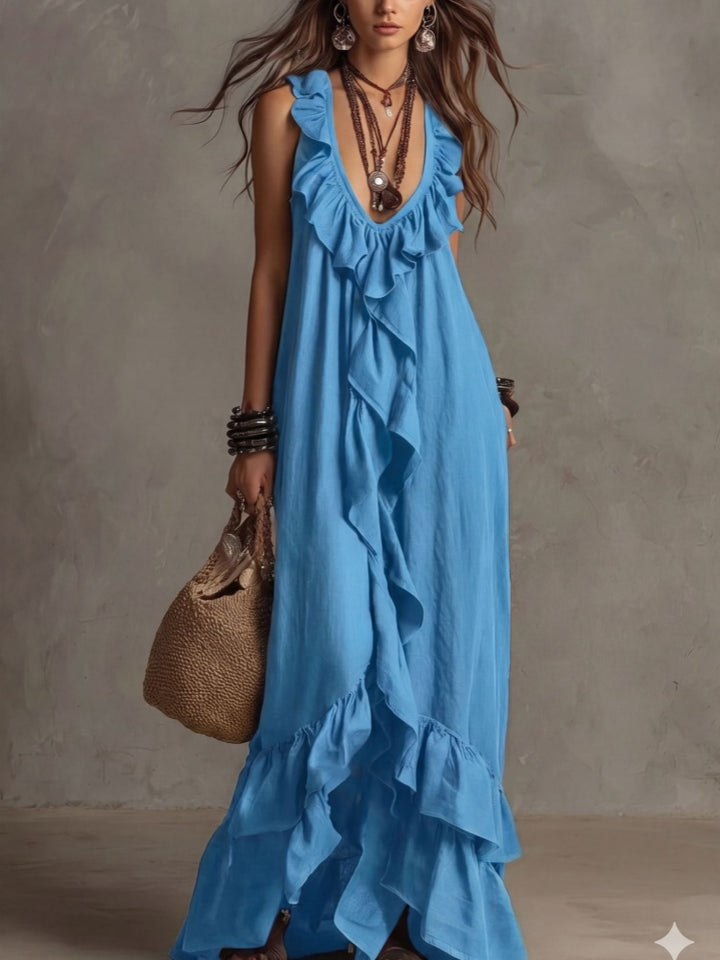 Boho Ruffled V-Neck Maxi Dress