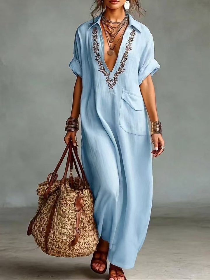 Loose-fitting embroidered collar cotton linen pocket dress