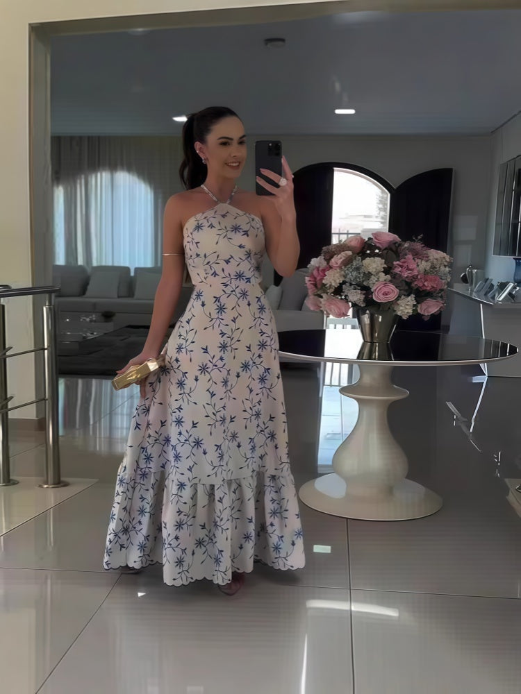 Blue Floral Halter Cutout Ruffle Maxi Dress